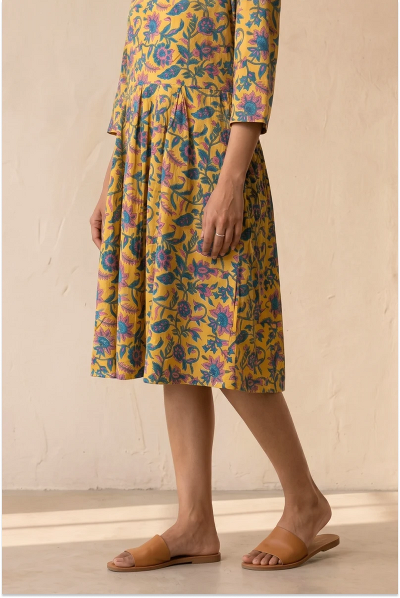 Hand Block Printed Yellow Skater Dress