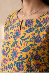 Hand Block Printed Yellow Skater Dress