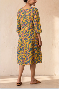 Hand Block Printed Yellow Skater Dress