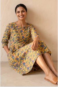 Hand Block Printed Yellow Skater Dress
