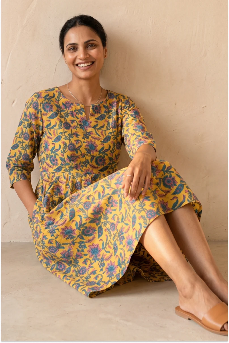 Hand Block Printed Yellow Skater Dress