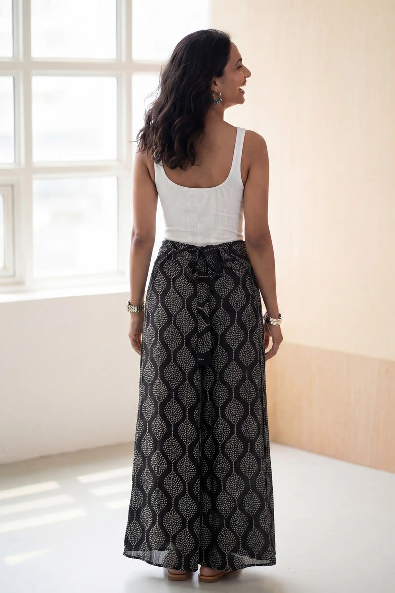 Black Hand Block Printed Wrap Pant
