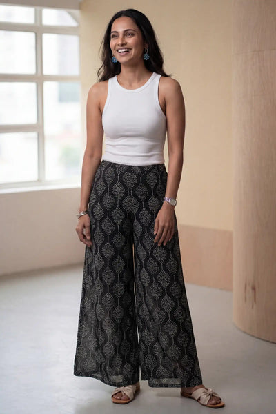 Black Hand Block Printed Wrap Pant