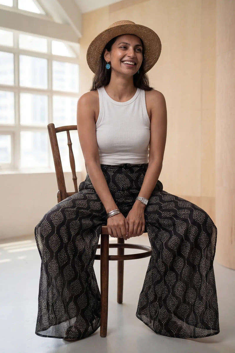 Black Hand Block Printed Wrap Pant