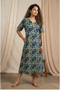 Indigo Meadow Hand Block Printed Half Sleeve Midi Dress