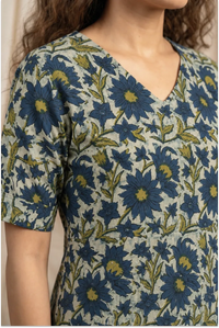 Indigo Meadow Hand Block Printed Half Sleeve Midi Dress