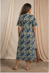Indigo Meadow Hand Block Printed Half Sleeve Midi Dress