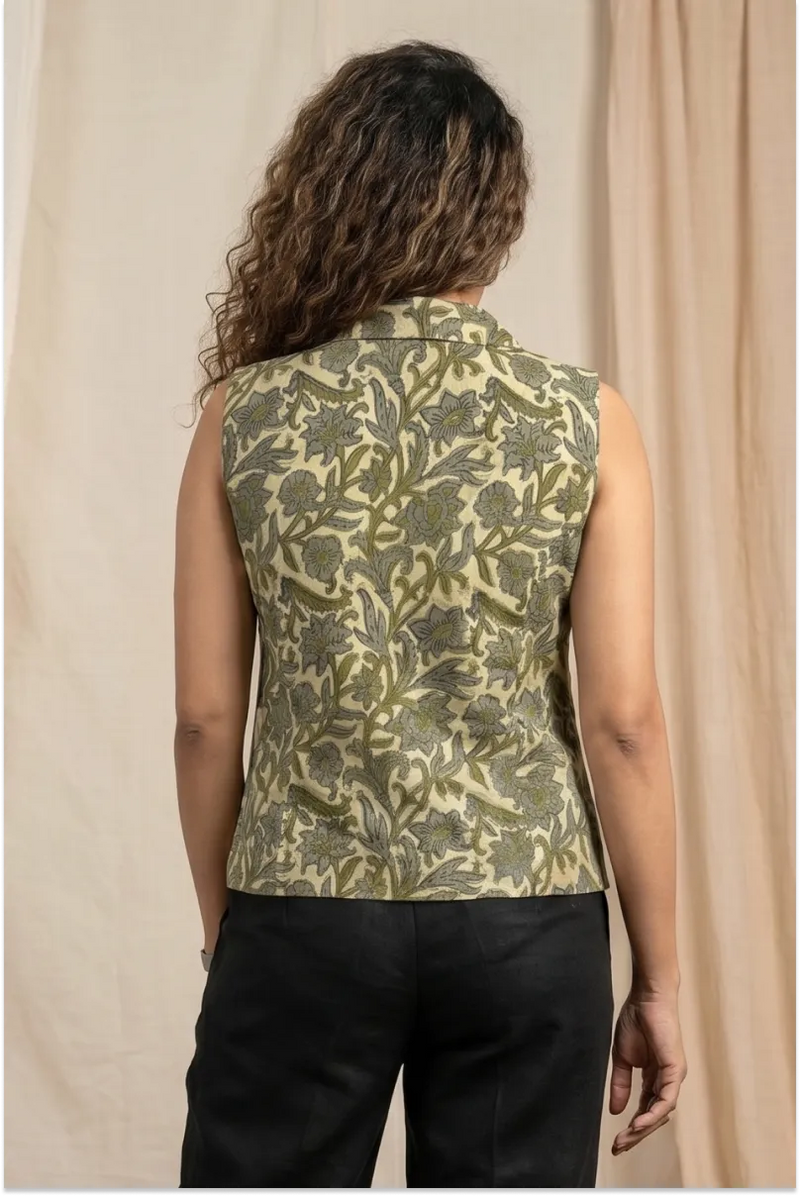 Olive Floral Hand Block-Printed Sleeveless Crop Shirt
