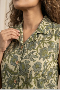 Olive Floral Hand Block-Printed Sleeveless Crop Shirt