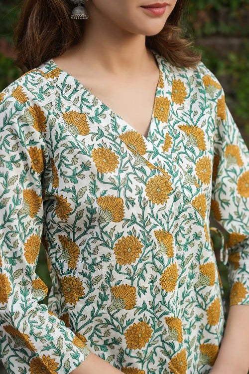 Diya Hand Block Printed Yellow Dahlia Angrakha Kurta