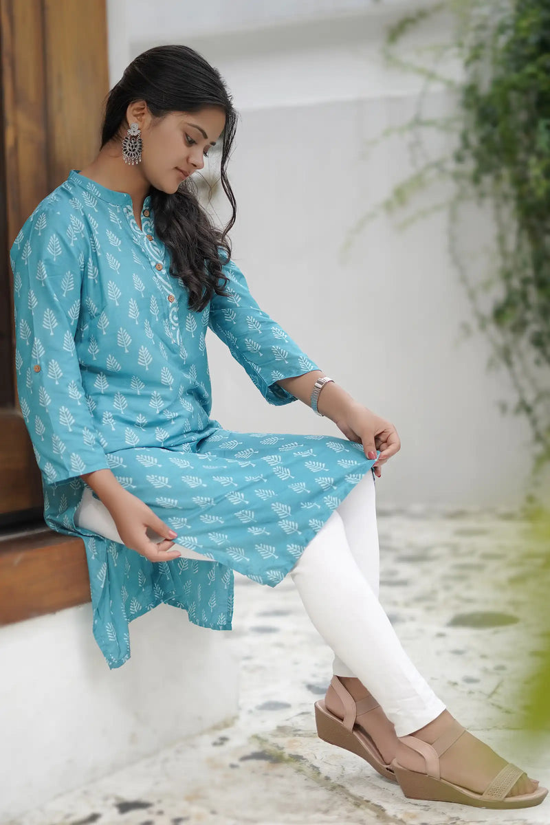 Stylish Nitya Cotton Silk Teal Kurti outfit