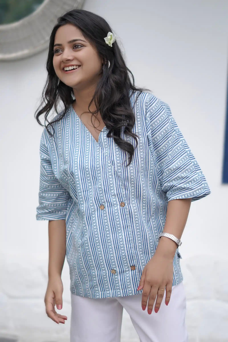 Chic geometric blue button top with modern design