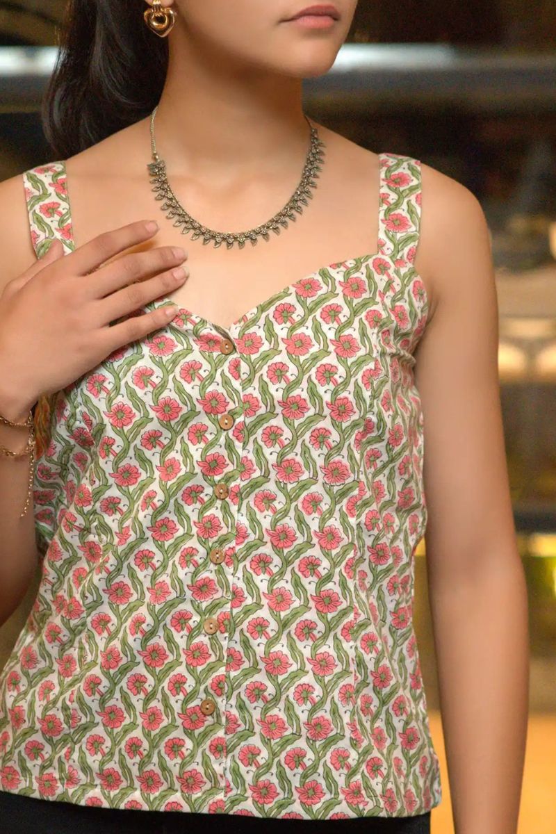 Close-up of floral print on Kayra corset top