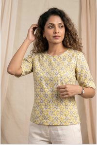 Aditi Hand Block Printed Geometric Half Sleeve Top