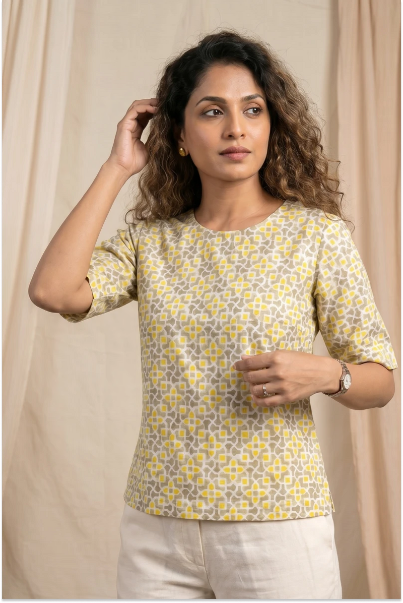 Aditi Hand Block Printed Geometric Half Sleeve Top