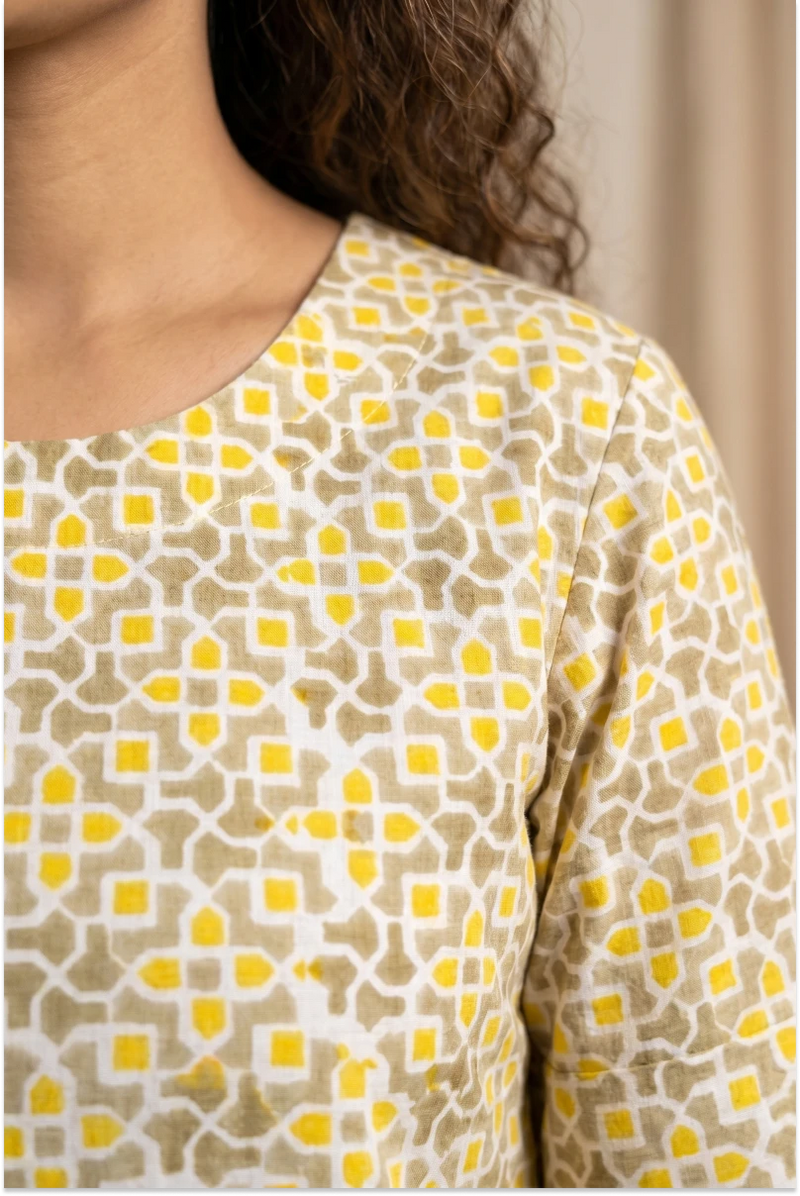 Aditi Hand Block Printed Geometric Half Sleeve Top