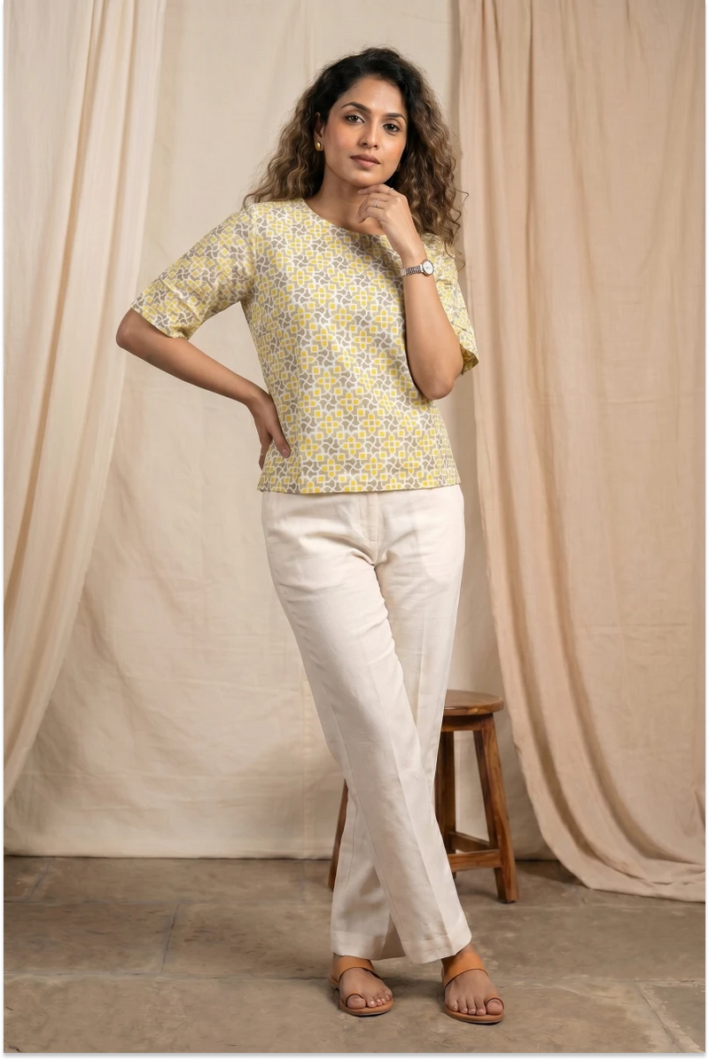 Aditi Hand Block Printed Geometric Half Sleeve Top