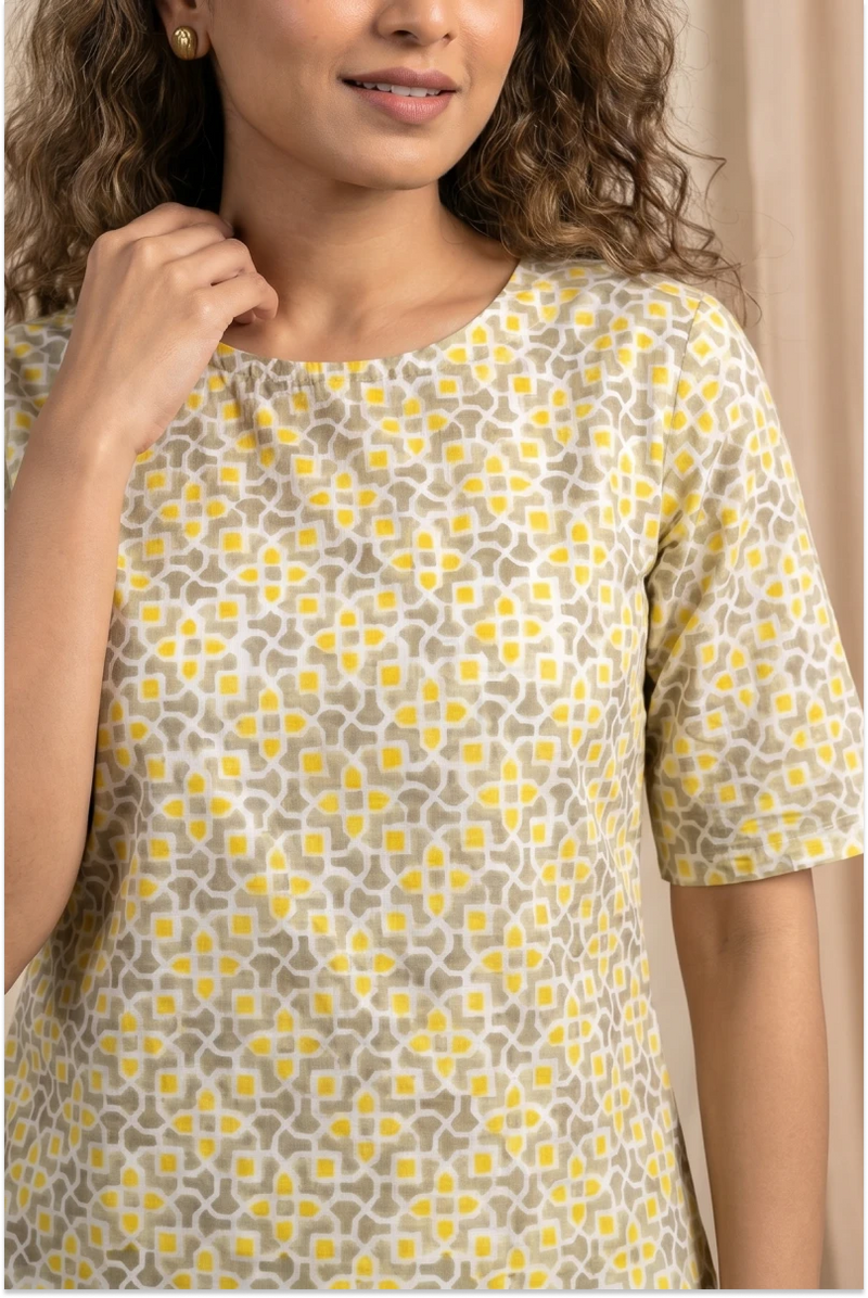 Aditi Hand Block Printed Geometric Half Sleeve Top