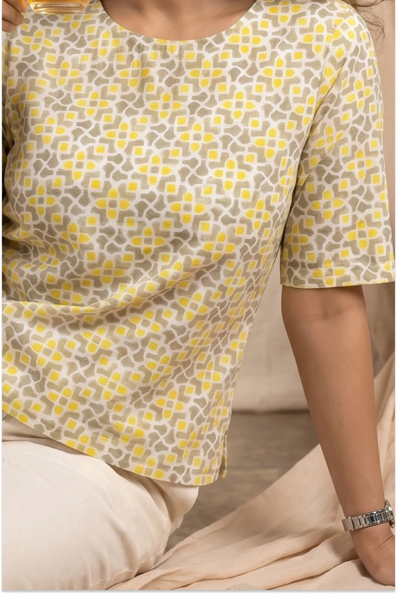 Aditi Hand Block Printed Geometric Half Sleeve Top