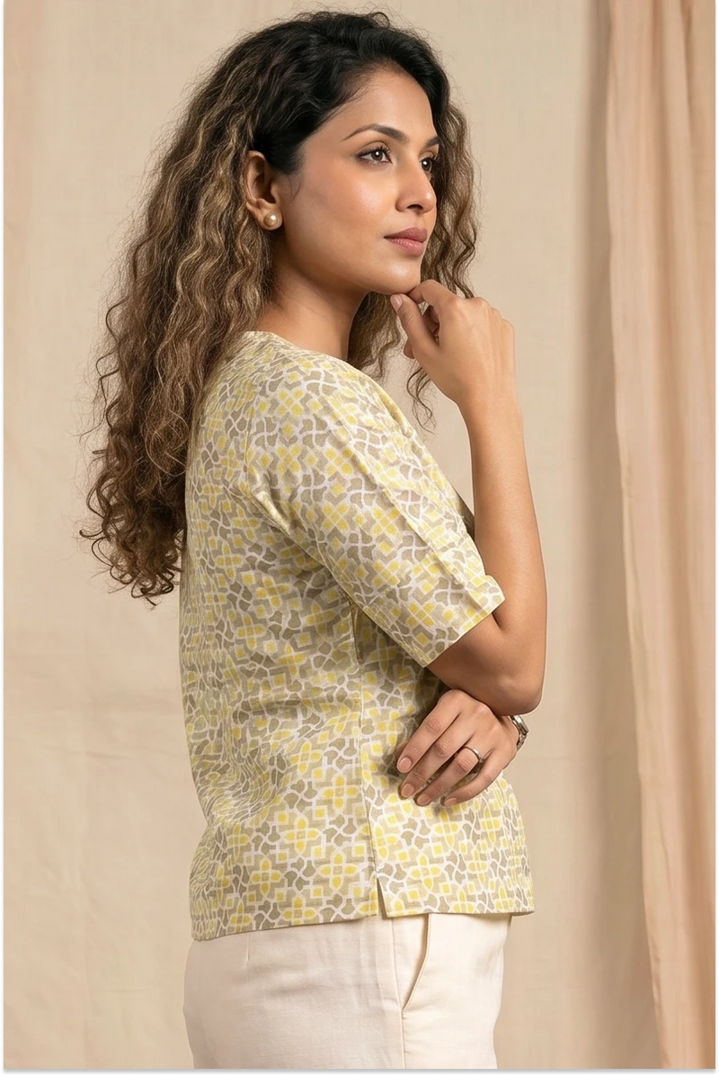 Aditi Hand Block Printed Geometric Half Sleeve Top