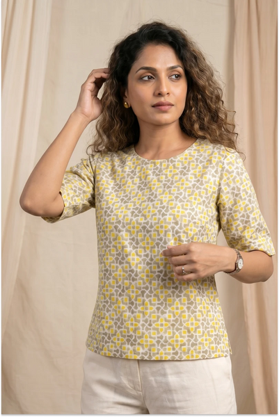 Aditi Hand Block Printed Geometric Half Sleeve Top