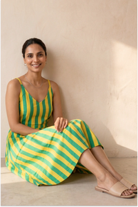 Hand Screen Printed Yellow Knee Length Strappy Dress