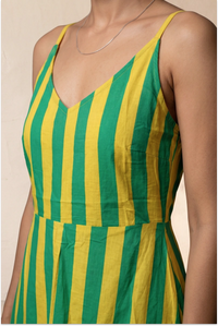 Hand Screen Printed Yellow Knee Length Strappy Dress