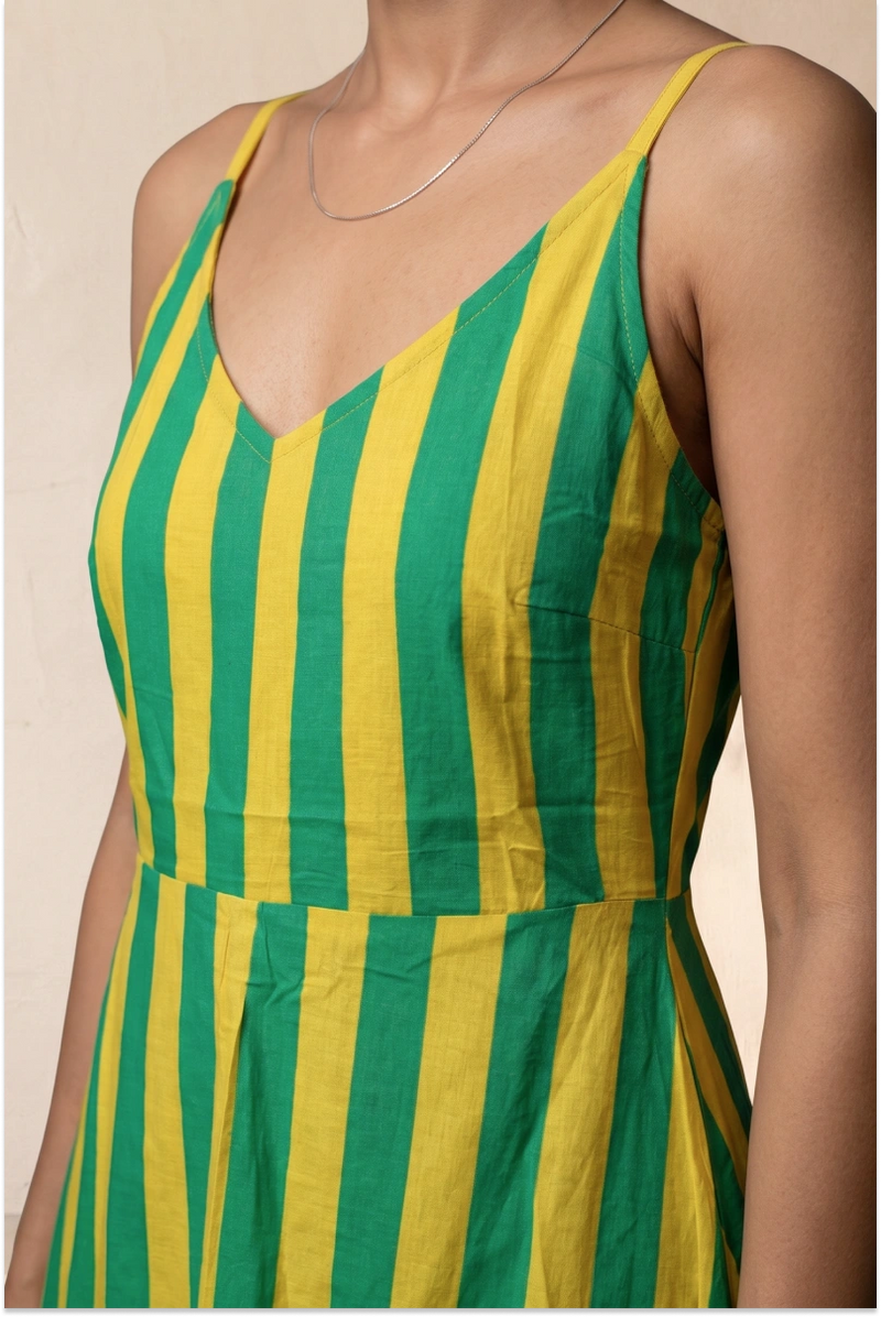 Hand Screen Printed Yellow Knee Length Strappy Dress