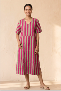 Handcrafted Pink Half Sleeve Midi Dress