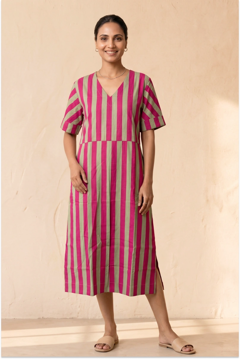 Handcrafted Pink Half Sleeve Midi Dress