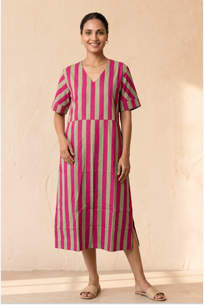 Handcrafted Pink Half Sleeve Midi Dress