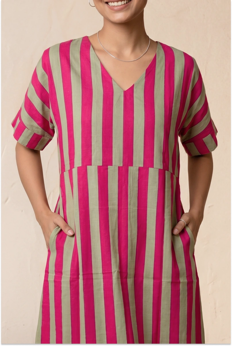 Handcrafted Pink Half Sleeve Midi Dress
