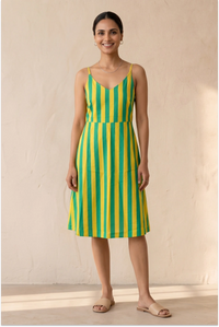 Hand Screen Printed Yellow Knee Length Strappy Dress