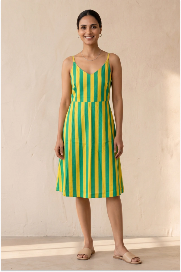 Hand Screen Printed Yellow Knee Length Strappy Dress