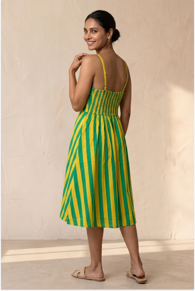 Hand Screen Printed Yellow Knee Length Strappy Dress