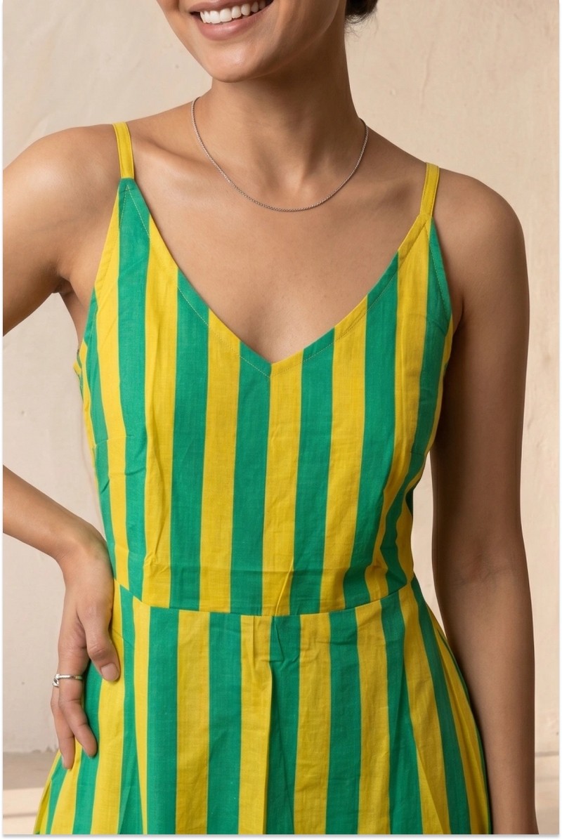 Hand Screen Printed Yellow Knee Length Strappy Dress