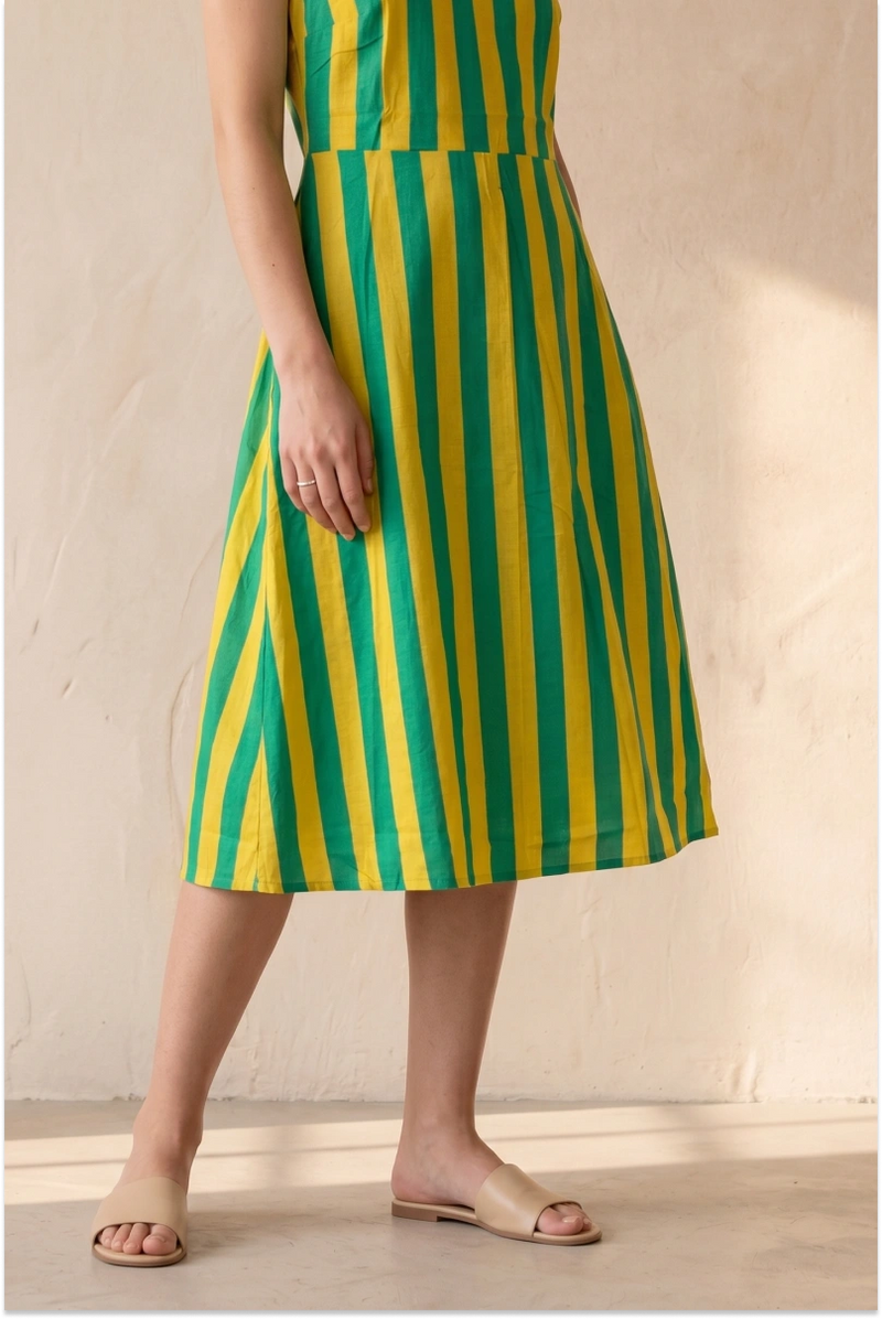 Hand Screen Printed Yellow Knee Length Strappy Dress